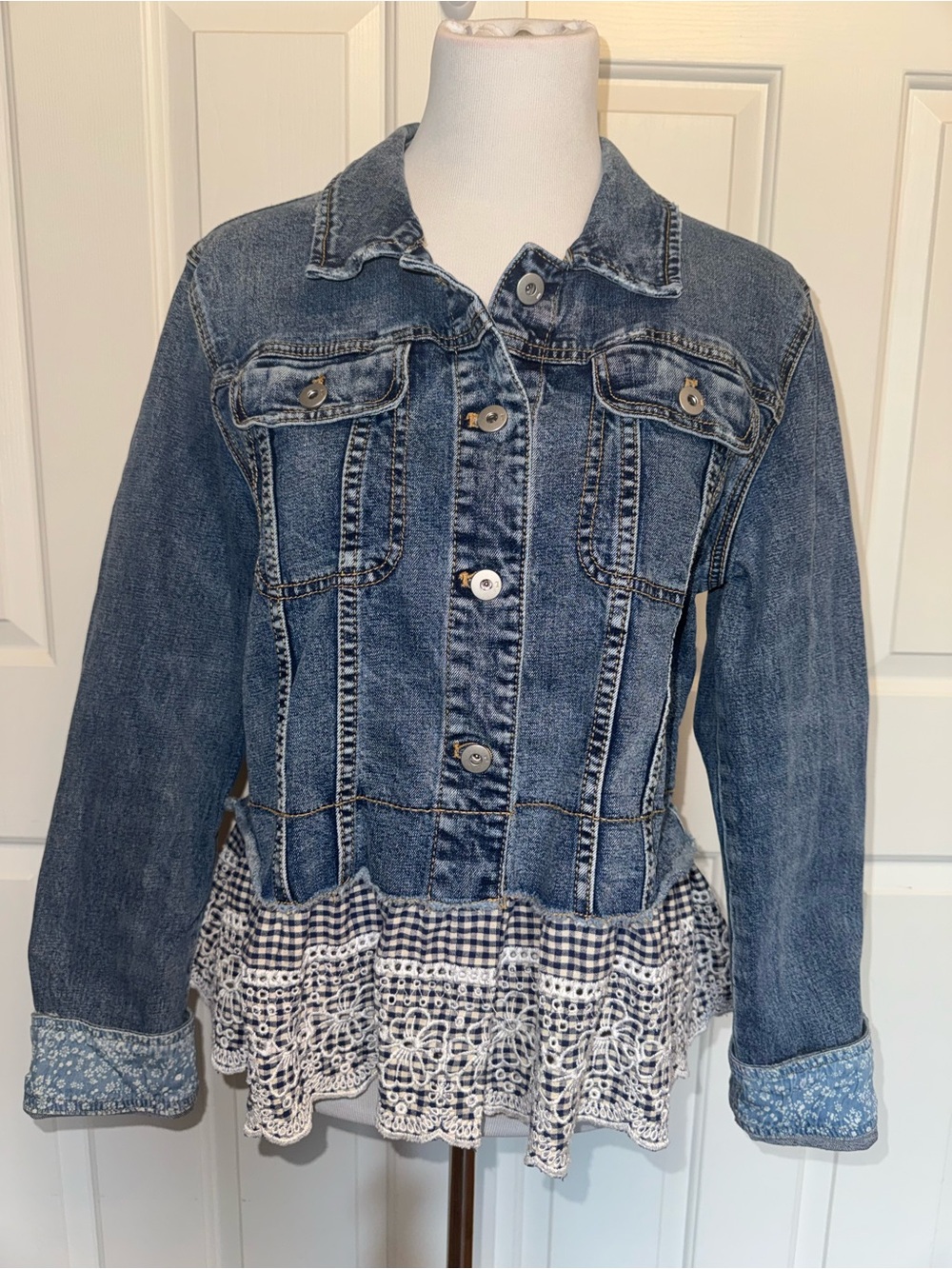 Anthropologie Pilcro Denim Jacket Gingham Lace Peplum Cottagecore Shabby Chic